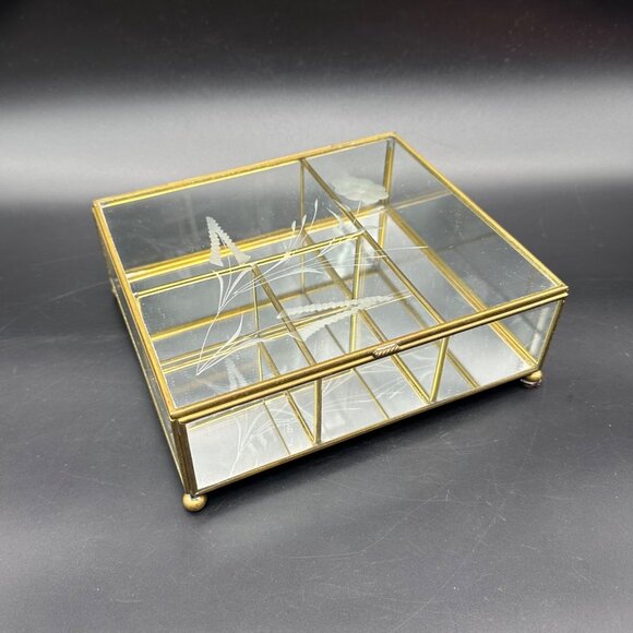 Vintage Glass Mirrored Jewelry Box Brass Etched Floral Mexico Storage Vanity - Picture 1 of 13